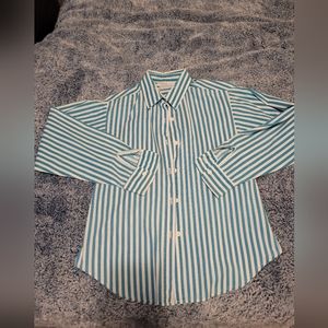 Women's vintage button up long sleeve teal an white strip made in usa